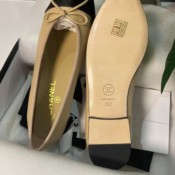 CHANEL Beige Lambskin Cap Toe Ballerina Flats - Picture 3 of 6